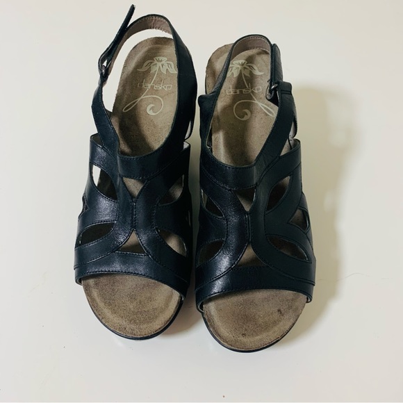 Dansko Felicia Black Leather Open Toe Strappy Hook Loop Studded Wedge - Picture 4 of 9